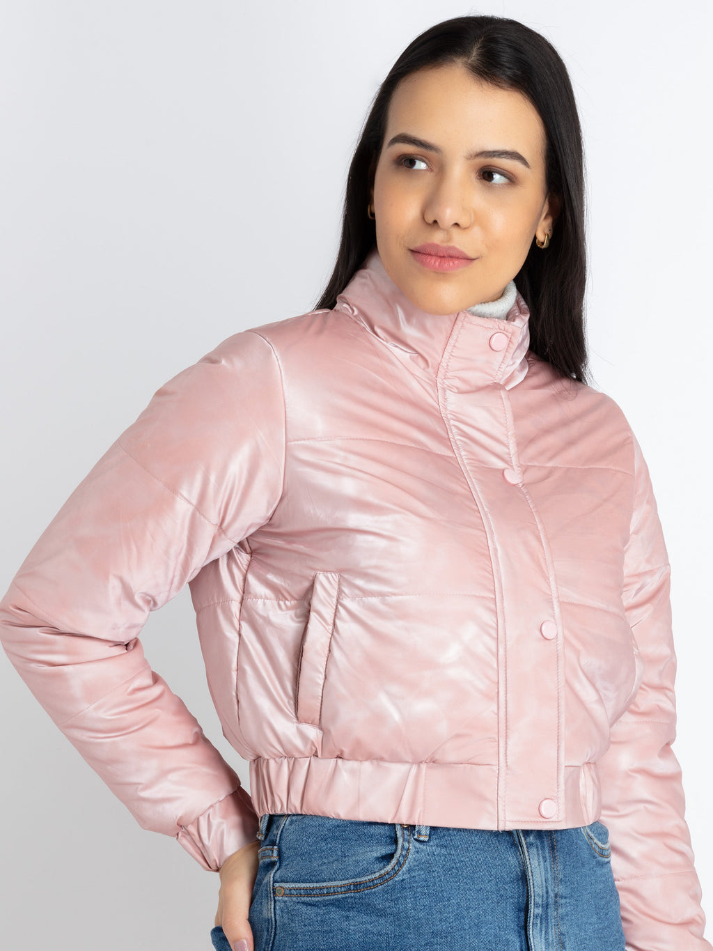 Womens Solid High Neck Jacket