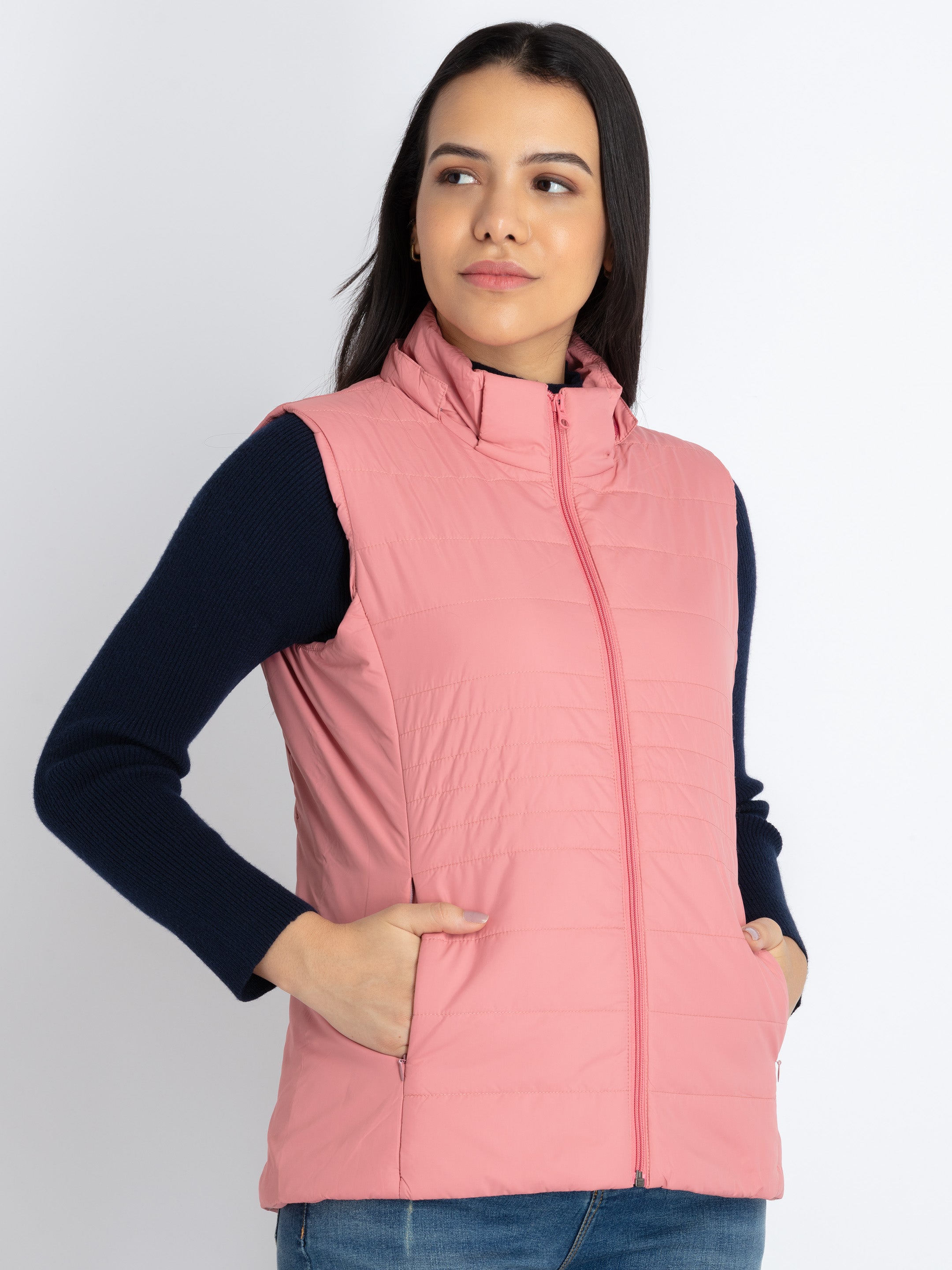 Womens Quilted Sleeveless Jacket With Detachable Hood S ROSE PINK SQW-JKT-5710 (S/L)-ROSE PINK