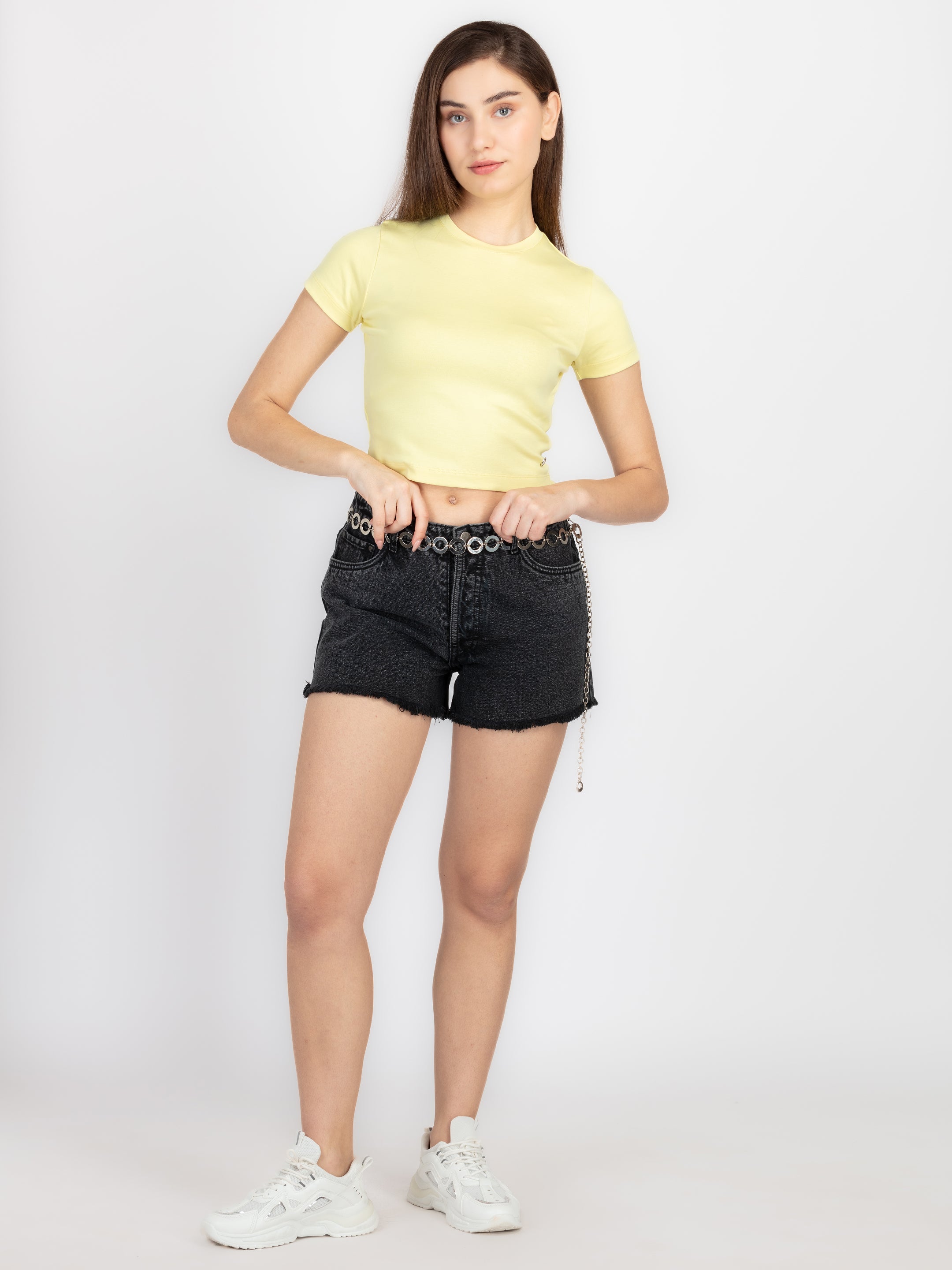 Womens Solid Round Neck Crop T-Shirt