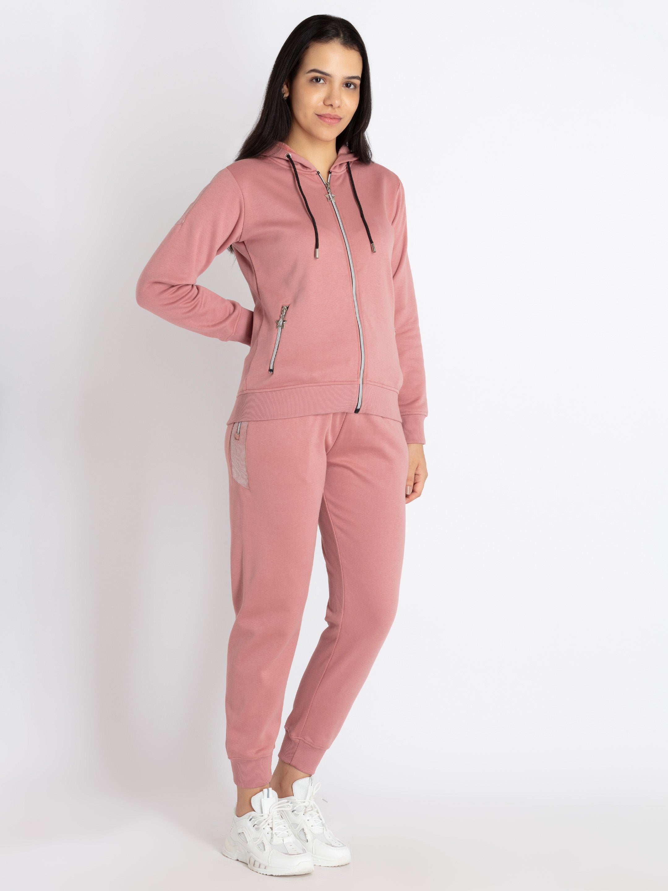 Buy Coral Solid Zipper Tracksuit for Women