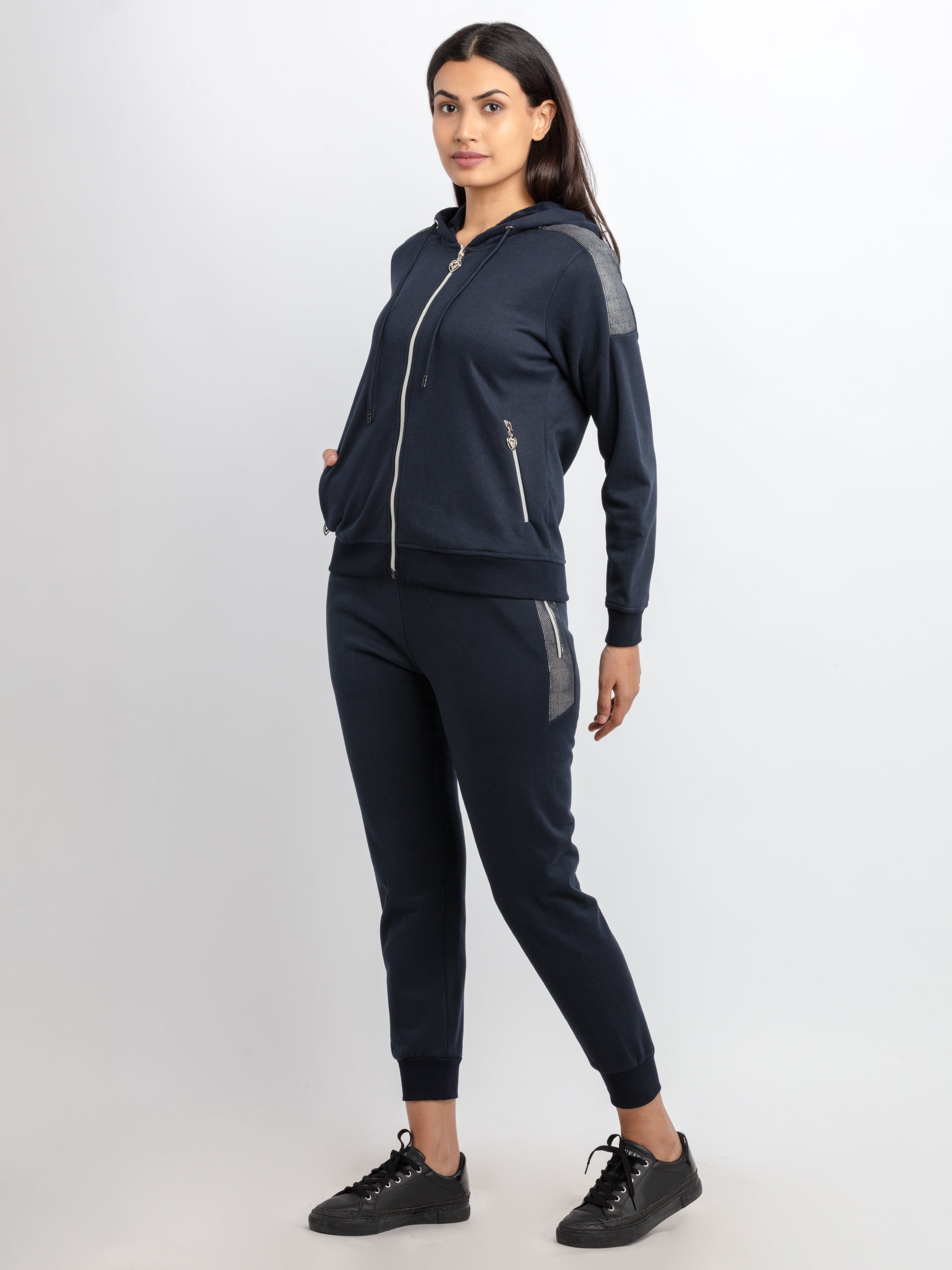 Womens Solid Zipper Tracksuit - S / Navy / SQW-TRACKSUIT-22890-Navy