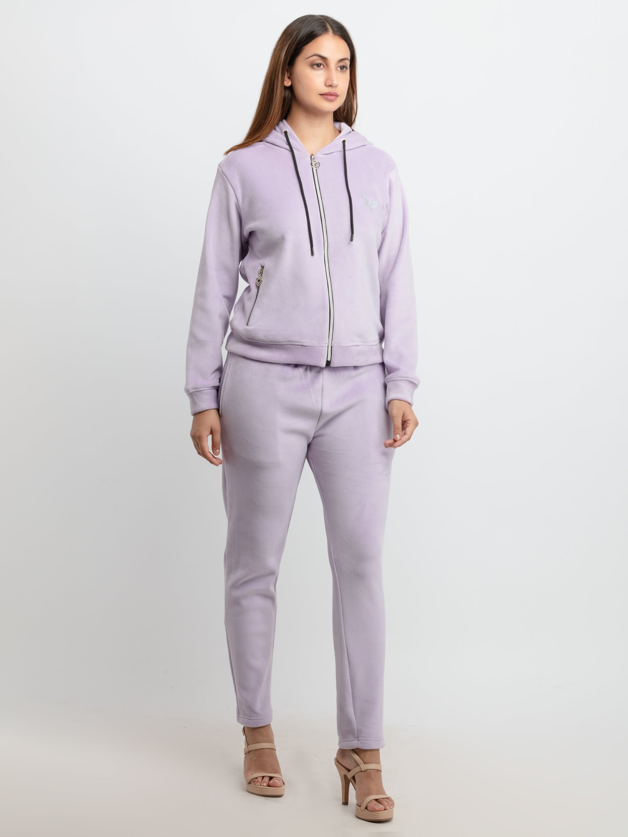 Womens Solid Zipper Tracksuit with Self Design
