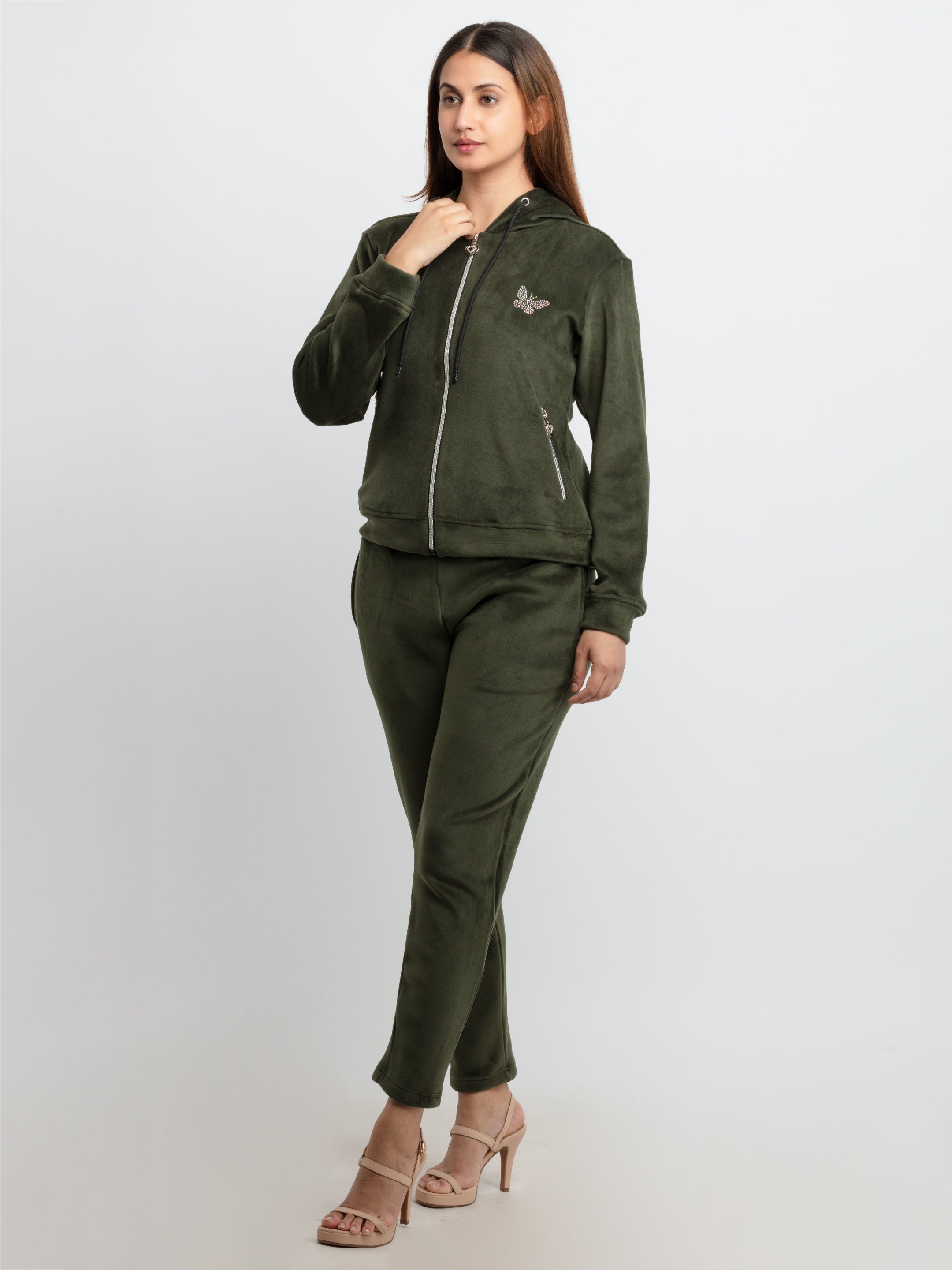 Womens Solid Zipper Tracksuit - S / Olive / SQW-TRACKSUIT-22927-Olive